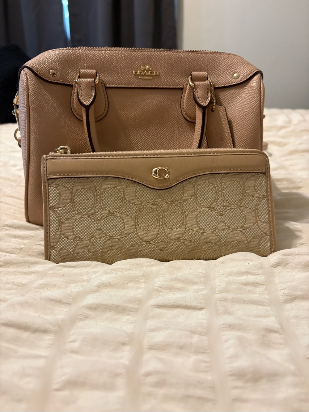 Coach Blush Pebbled Satchel with Matching Signature Wallet - Tan